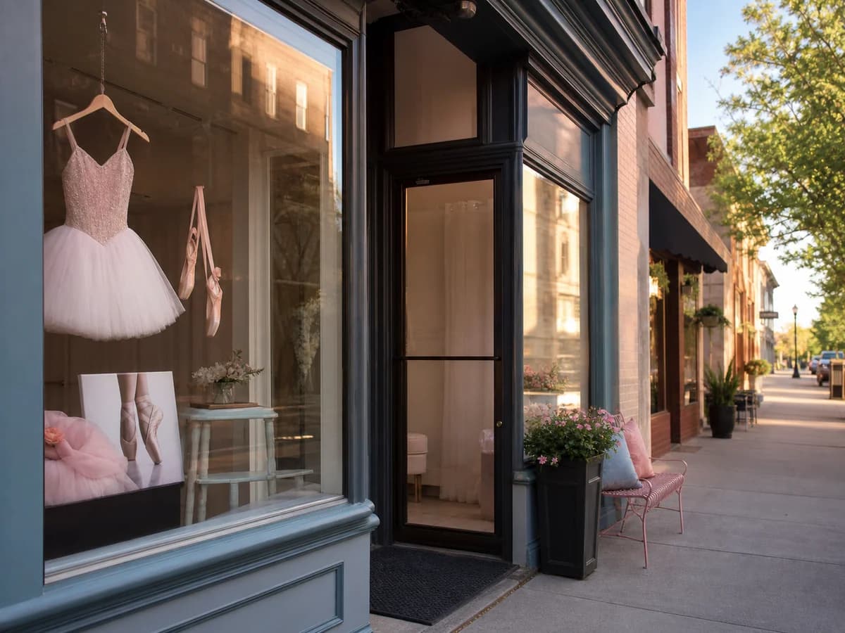 Placeholder image of a small-town dance studio entrance